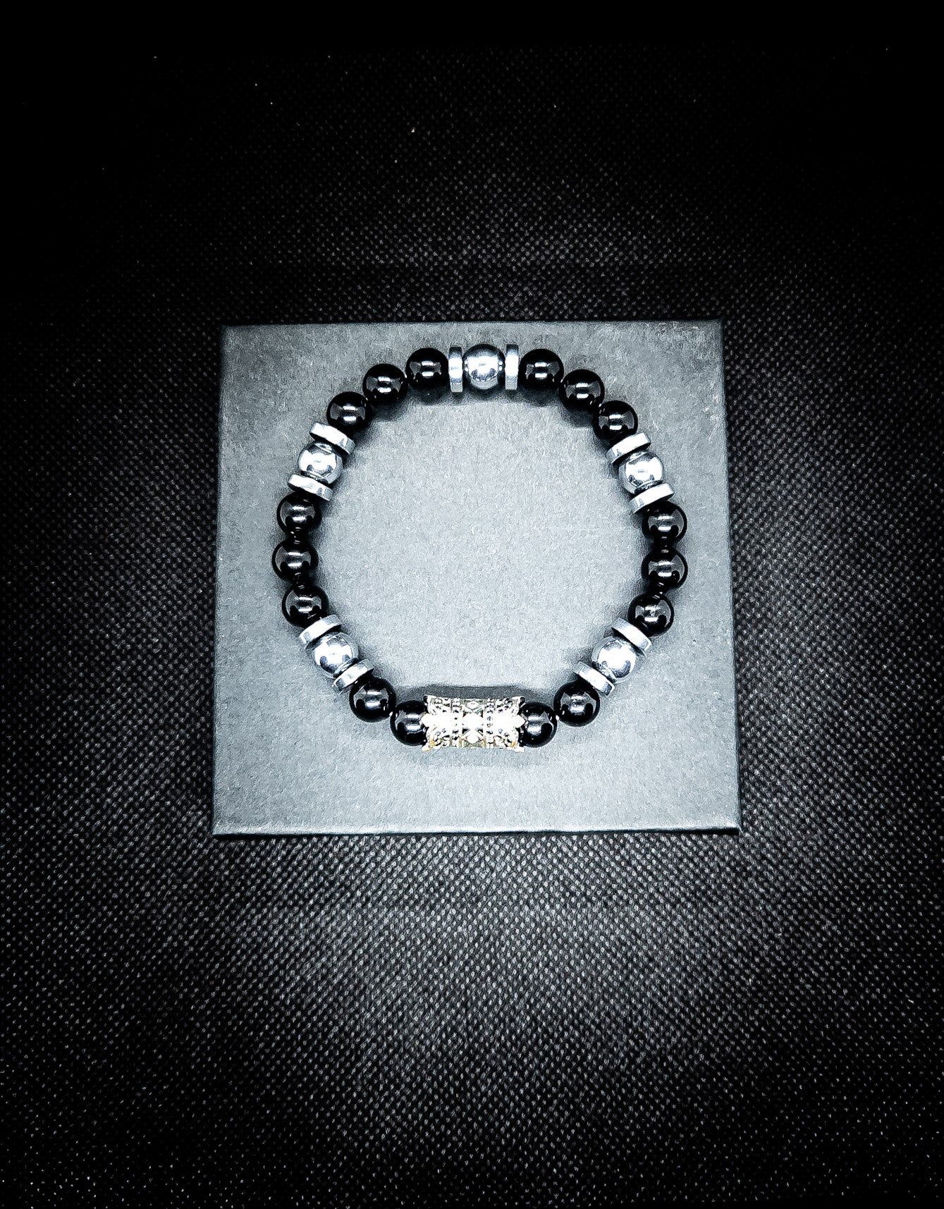 Obsidian stretch bracelet(silver Hematite)