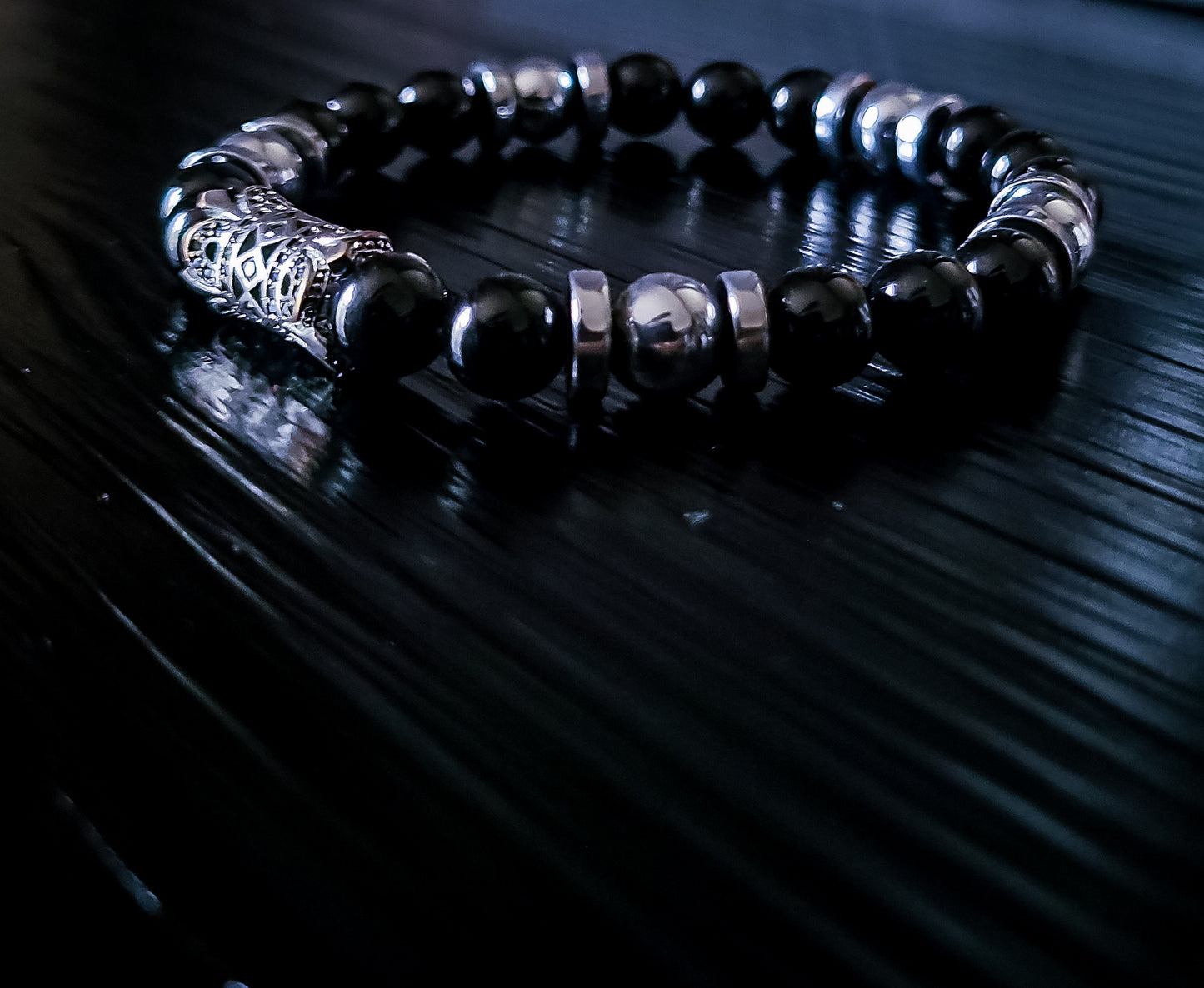 Obsidian stretch bracelet(silver Hematite)