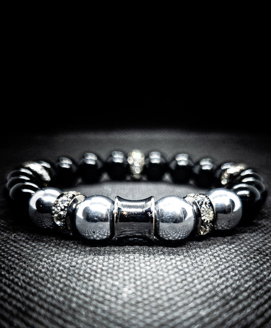 Black Agate Stretch Bracelet (Silver Hematite)